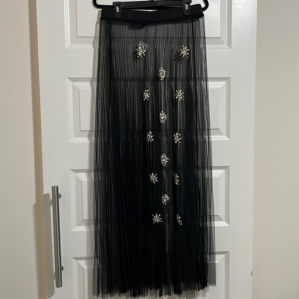 NWT! AKIRA Black Tulle Coverup Chrystal Embellished Rhinestone Maxi Ruffle Pleat - Picture 3 of 10